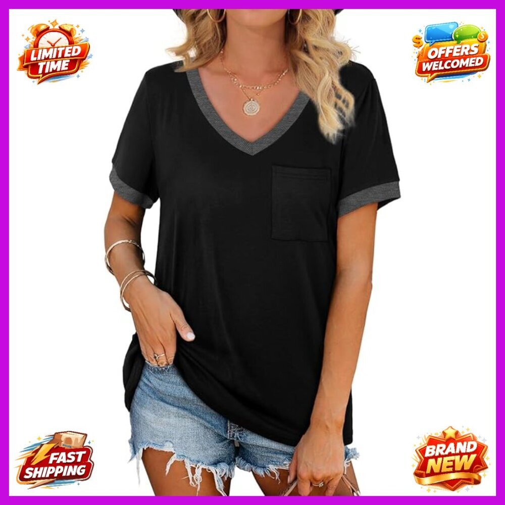 V-Neck T-Shirt with Pocket, Loose Fit, Short Sleeve, Casual Summer Top